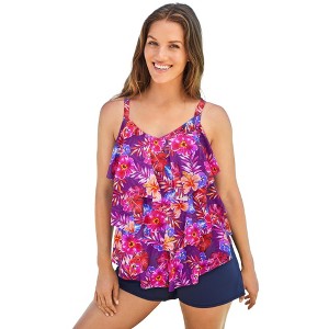 Swim 365 Women's Plus Size Longer-Length Tiered-Ruffle Tankini Top - 1 of 4