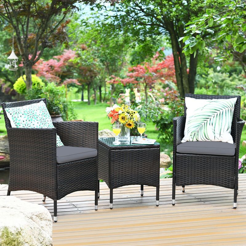 Costway Outdoor 3 PCS PE Rattan Wicker Furniture Sets Chairs  Coffee Table Garden, 2 of 15