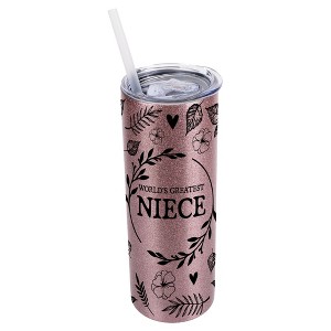 Elanze Designs Floral Bubblegum Pink 20 Ounce Double Wall Stainless Steel Glitter Travel Tumbler With Sliding Lid And Straw, World's Greatest Niece - 1 of 4
