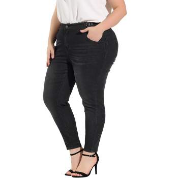 Agnes Orinda Women's Plus Size High Waist Buckle Decor Slash Pocket Denim Skinny Jeans