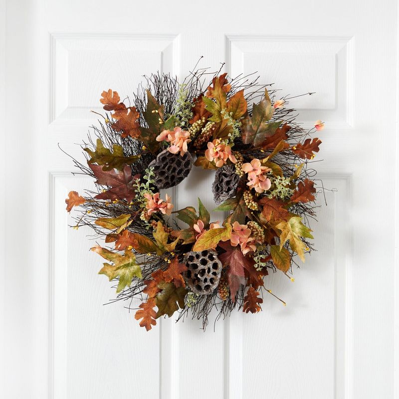 Nearly Natural 22” Autumn Hydrangea, Dried Lotus Pod Artificial Fall Wreath, 2 of 5