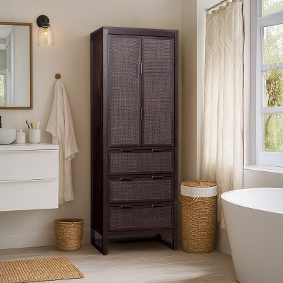 Teamson Home Hatteras Linen Cabinet with Drawers & 2 Rattan Inlay Doors with Adjustable Shelf