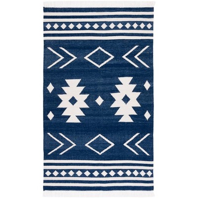 Ivory and Navy Geometric Handwoven Kilim Area Rug