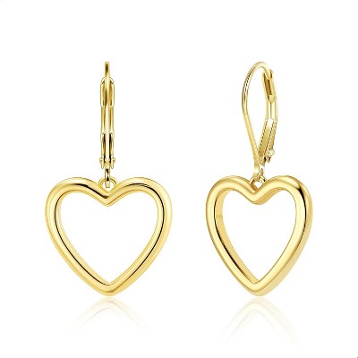 Sterling Silver Heart Earrings for Women 14K Gold Plated Openwork Love Heart Dangle Earrings Drop Leverback Huggie Hoop