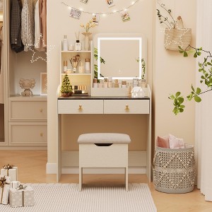 Vanity Desk, Makeup Vanity Table with 3 Lighting Color Adjustable Mirror and Charging Station, Dressing Table Set with 2 Large Drawers, 4 Open - 1 of 4