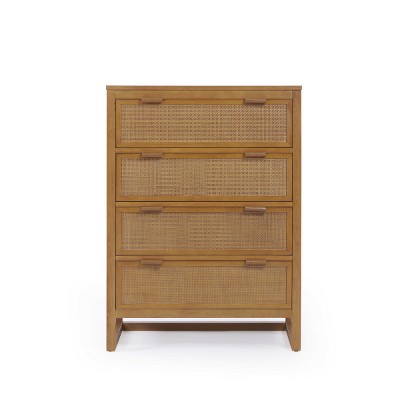 Teamson Home Hatteras Dresser with 4 Rattan Inlay Drawers, Faux Leather Pulls & Deep Storage