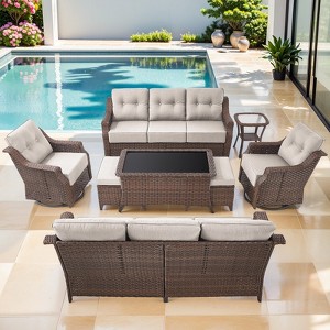 Buenhomino 8 Piece Patio Furniture Set Outdoor Sectional Sofa,High Back Patio Swivel Rocker Chairs with Ottomans Coffee Table,Brown Wicker - 1 of 4