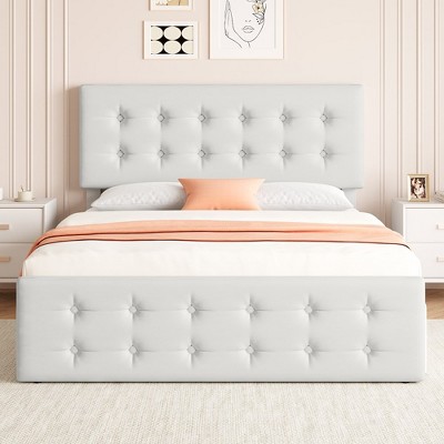 Whizmax Bed Frame with 4 Storage Drawers and Headboard, Linen Upholstered Platform Bed Frame with Wooden Slats Support, Button Tufted Design
