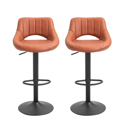 Adjustable Swivel Barstool in Brown Leather with Metal Base