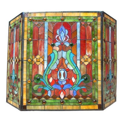 Victorian Bronze Three-Panel Tiffany Glass Fireplace Screen