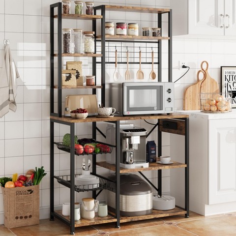 TROPOW Bakers Rack with Power Outlet, Microwave Stand with 2 Wire Drawer, Coffee Bar Station, 7-Tier Kitchen Bakers Rack with Large Storage, Rustic Brown