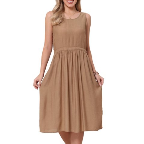 Женские платья INSPIRE CHIC Women's Sleeveless Scoop Neck Drawstring Waist Summer A-Line Midi Dresses Medium Khaki