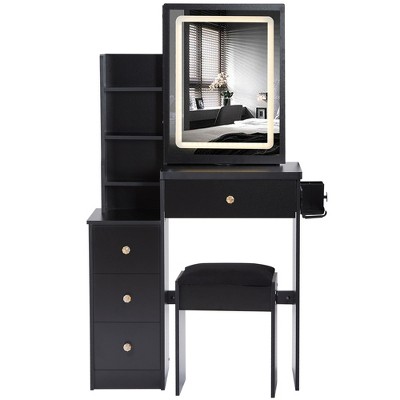 Compact dressing table with stool, USB socket, and touch-activated LED mirror with three-color lighting, suitable for bedrooms.