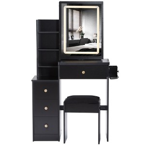 Compact dressing table with stool, USB socket, and touch-activated LED mirror with three-color lighting, suitable for bedrooms. - 1 of 4
