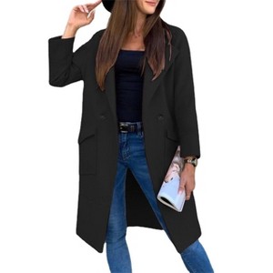 Coolmee Women Winter Wool Blend Mid-Long Coat Notch Lapel Single-Breasted Jacket Outwear - 1 of 4