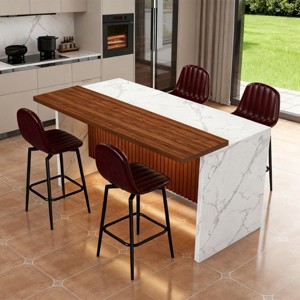 Modern Black Kitchen Island Dining Table with LED Lights and 2 Brown Bar Stools, Faux Marble Counter Height Set for Eat-in Kitchen-3irtyhousy - 1 of 4