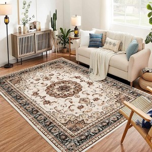 Vintage Area Rug - Machine Washable Low Pile Carpet with Non-Slip Rubber Backing, Soft Pet Friendly Rug for Living Room, Bedroom, Dining Room - 1 of 4