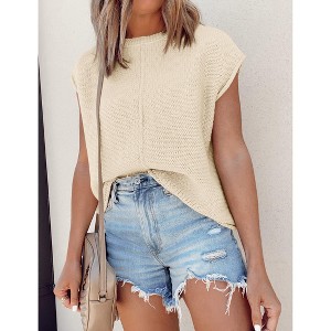 Womens Summer Cap Sleeve Tops Trendy Casual Crew Neck Knit Lightweight Sweater Pullover Top - 1 of 4