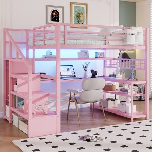 Full Size Metal Loft Bed with Wardrobe, Desk, LED Light, Charge Station, Reversible Staircase, Removable Fabric Pocket & Storage Shelves - ModernLuxe - 1 of 4