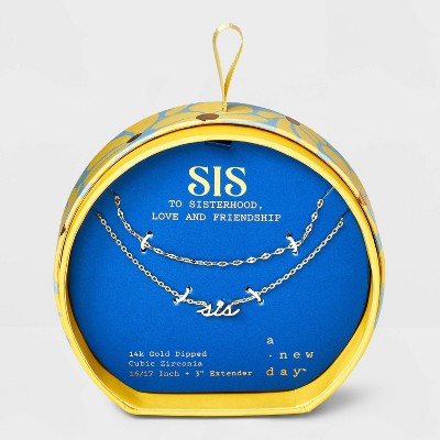14K Gold Dipped Cubic Zirconia "Sis" Pendant Multi-Strand Necklace - A New Day™ Gold