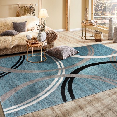 Modern Abstract Waves Blue Polypropylene Area Rug
