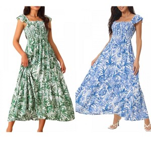 INSPIRE CHIC Women's Summer Boho Smocked Square Neck Cap Sleeve Ruffle Floral Flowy Tiered Maxi Sundress 2 Packs - 1 of 4