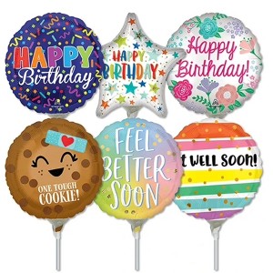 LoonBalloon 9 Inch Birthday & Get Well Stick Value Pack Balloons (30 Pack) - Pre-Inflated - 1 of 2