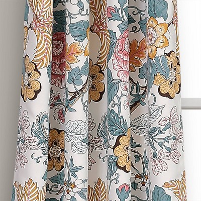 Blue and Yellow Floral Polyester Room Darkening Curtain Panels