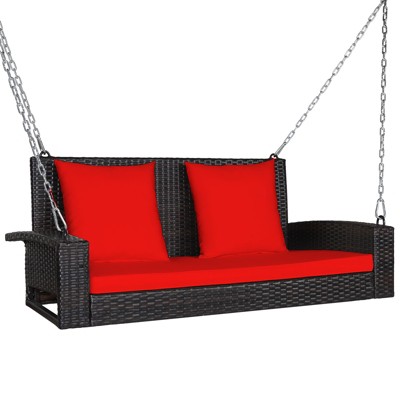 Tangkula Outdoor Wicker Porch Swing Bench 2-Person Patio Rattan Swing Chair W/ Soft Cushions White/Turquoise/Red/Black