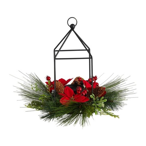 Nearly Natural 14-in Christmas Poinsettia, Berry and Pinecone Metal Candle  Holder Christmas Artificial Table Arrangement