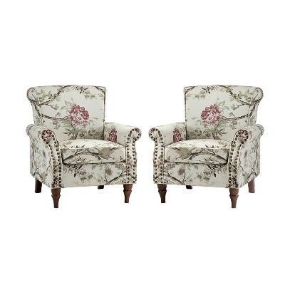 Set of 2 Araceli Traditional Wooden Upholstered Floral Armchair with Wingback and Nailhead Trim | ARTFUL LIVING DESIGN