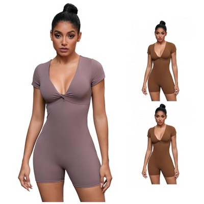 INSPIRE CHIC 3 Pcs Women's Cross Front Tummy Control Slimming Short Sleeve Body Shapers 2 Caramel 1 Brown Medium