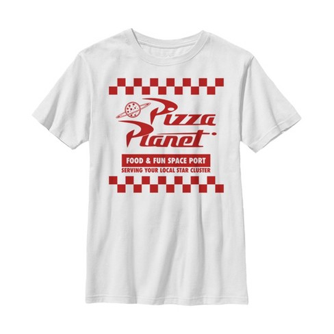 Boy S Toy Story Pizza Planet Uniform T Shirt White Small Target - cool toy story 4 t shirt roblox