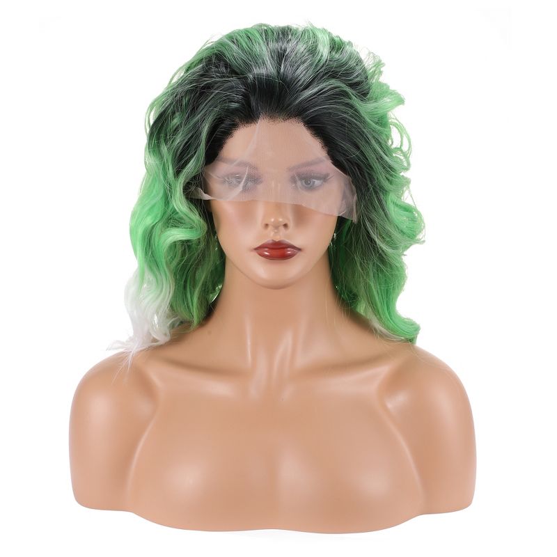 Unique Bargains Women's Medium Long Fluffy Curly Wavy Lace Front Wigs with Wig Cap 14" Black Green White 1 Pc, 1 of 7
