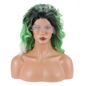 Unique Bargains Women's Medium Long Fluffy Curly Wavy Lace Front Wigs with Wig Cap 14" Black Green White 1 Pc