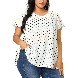 Women's Plus Size Short Sleeve V Neck Tie Waist Polka Dots Blouses - Agnes Orinda - 1 of 4