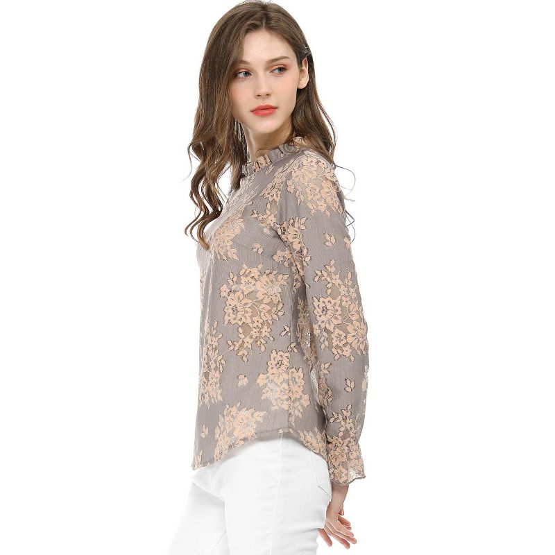Allegra K Women's Crochet Lace See-Through Top Ruffle Frill Neck Floral Elegant Blouse, 5 of 8