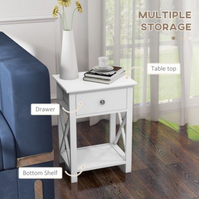 Farmhouse-Style Side Table with Storage Drawer, Open Shelf, and X-Cross Frame, Living Room Bedside Table, White