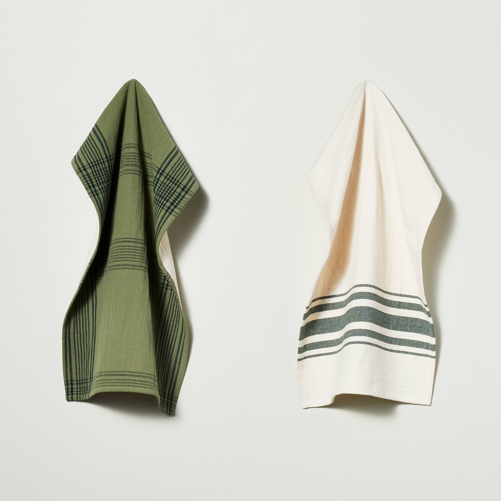 2pc Open Plaid & Variegated Stripes Kitchen Towel Set Tonal Green/Cream - Hearth & Hand with Magnolia