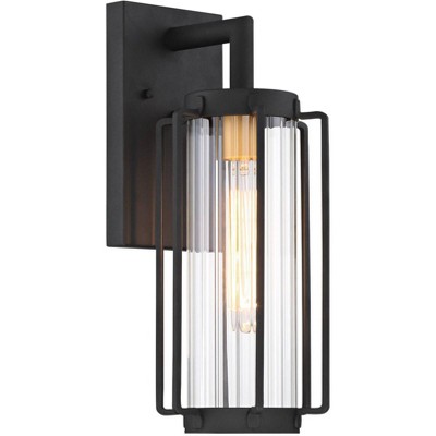 Minka Lavery Modern Outdoor Wall Light Fixture Sand Black 16" Clear Ribbed Glass Shade for Post Exterior Deck Porch Yard Patio