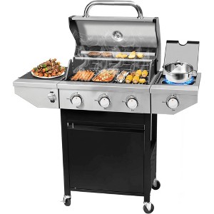 ELJGET 3/4 Burner BBQ Propane Gas Grill with Side Burner, Outdoor Stainless Steel Patio Garden BBQ Grill with Lid, Wheels for Outdoor Camping - 1 of 4