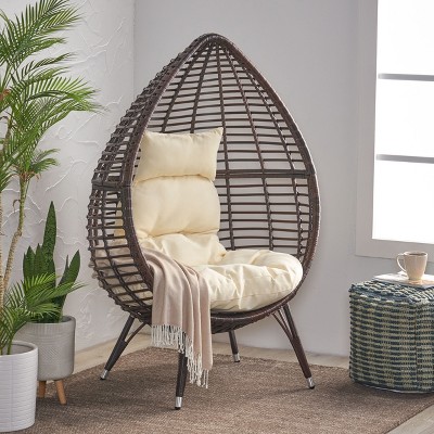 Christopher Knight Home Carriere Outdoor Wicker Teardrop Basket Chair with Cushion, Multibrown/Beige