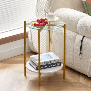 Round Side Table, Modern 2-Tier Sofa Side Table With Storage Shelf, Faux Marble End Table, Small Coffee Table - 1 of 4