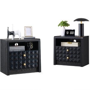 SinCiDo Nightstand with Charging Station, Mid Century Modern End Table with 2 Drawers & Open Shelf, Wood Bedside with Diamond Panel Decor - 1 of 4