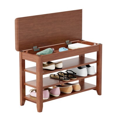 PDTEND 100% Solid Wood Shoe Rack & Bench for Entrance, Corridor & Aisle