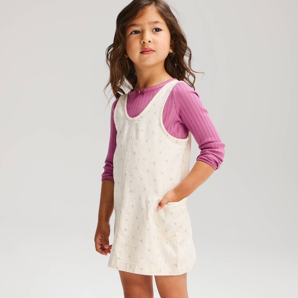 Toddler Girls' Sleeveless Floral Denim Skirtall - Cat & Jack™ Cream 3T