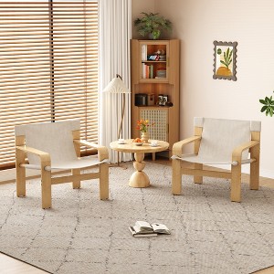 Vynxaria WHITE Detachable and washable Oak Accent Chair Wide Armrest Mid-Century Lounge Chair Linen Armchair - 1 of 4