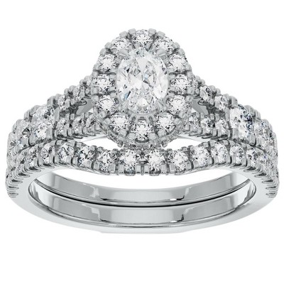 Pompeii3 1 1/4Ct Oval Halo Diamond Engagement Wedding Ring Set in White or Yellow Gold
