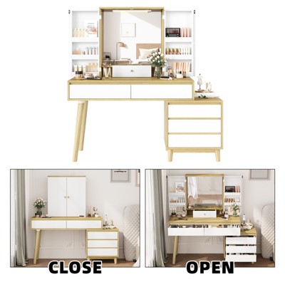 Makeup vanity with LED lighted mirror featuring three color modes, complete with drawers for hidden storage. Ideal for bedrooms and living rooms.