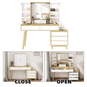 Makeup vanity with LED lighted mirror featuring three color modes, complete with drawers for hidden storage. Ideal for bedrooms and living rooms. - 1 of 4